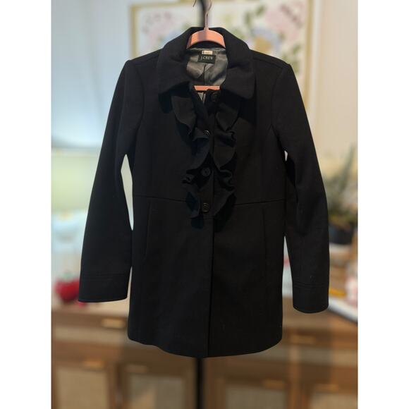 J. Crew Wool Ruffle Trim Front Button Pea Coat 17501 Black Womens Size Small - Picture 2 of 9